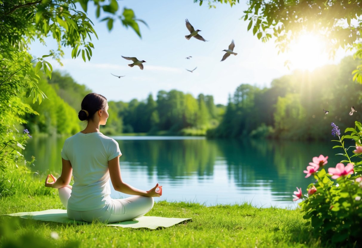 A serene nature scene with a person meditating by a tranquil lake, surrounded by lush greenery and vibrant flowers. The sun is shining, birds are chirping, and a sense of peace and calm permeates the air