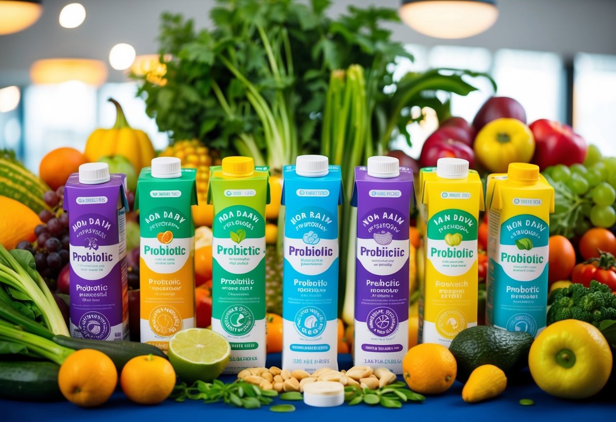 A colorful array of non-dairy probiotic foods and beverages displayed on a table, surrounded by vibrant fruits and vegetables