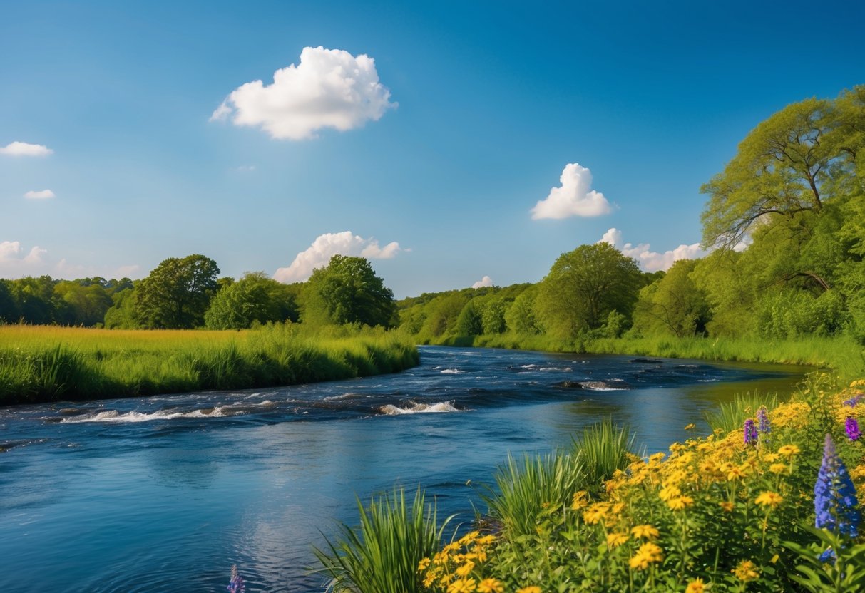 A serene landscape with a peaceful, flowing river surrounded by lush greenery and colorful flowers, under a clear blue sky with a few fluffy white clouds