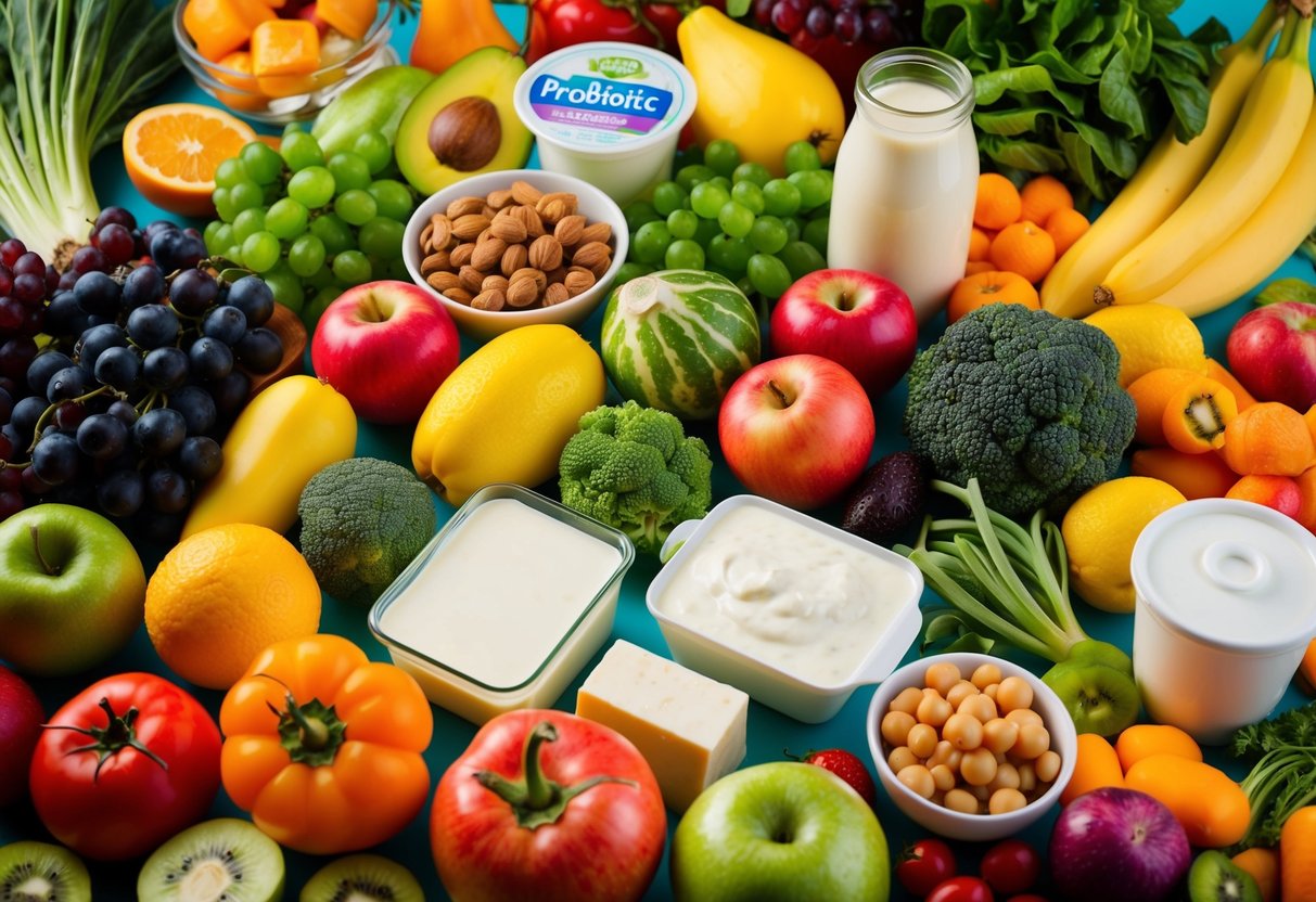 A colorful array of fruits, vegetables, and dairy products arranged in a vibrant and inviting display, showcasing the top foods for unlocking the power of probiotics for gut health