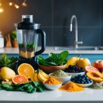 A colorful array of fresh fruits, leafy greens, and superfood powders arranged on a kitchen counter next to a blender